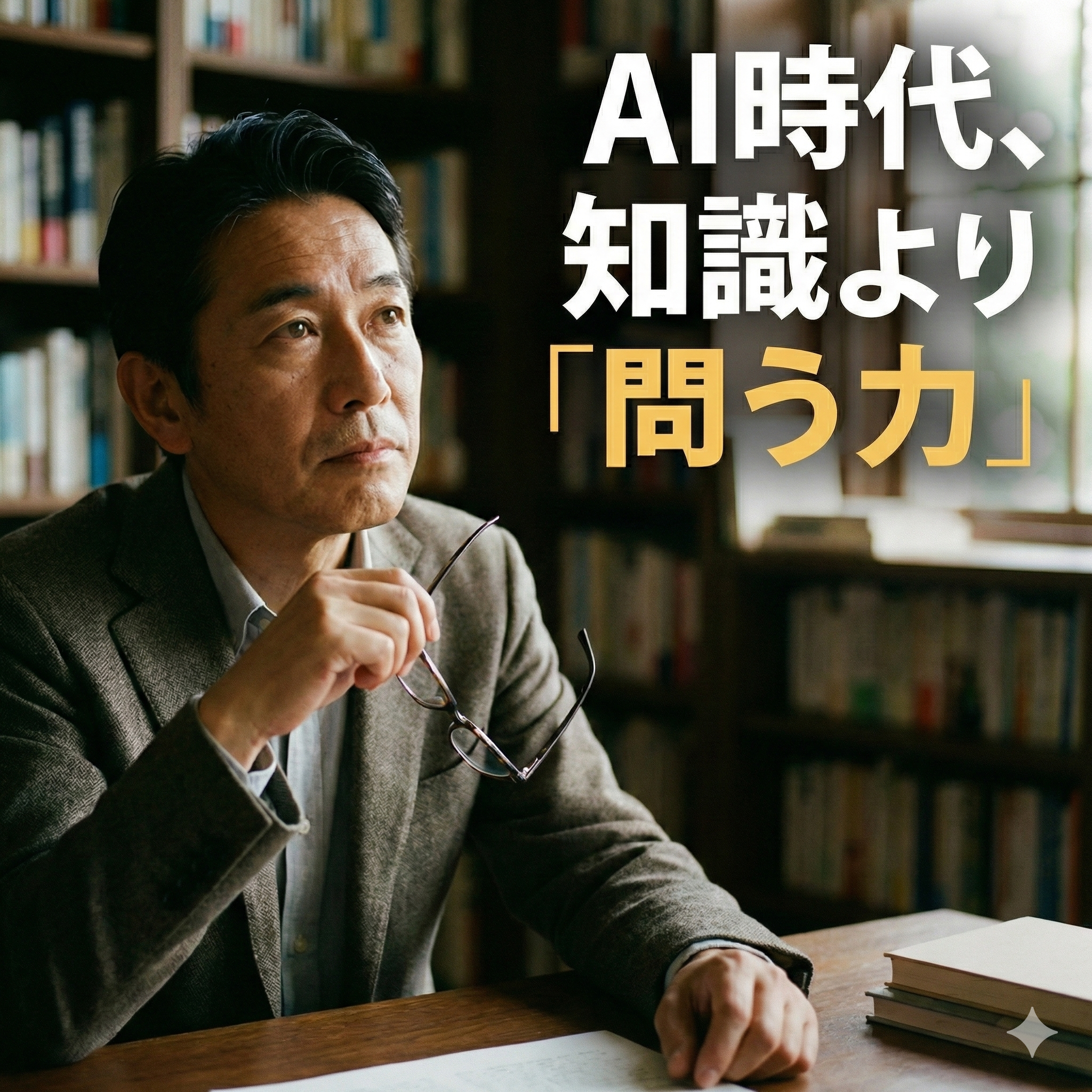 書斎の本棚を背景に、眼鏡を手に持ち思慮深い表情で遠くを見つめる中高年男性。「AI時代、知識より『問う力』」というテキストが右側に配置され、「問う力」が黄色く強調されている。