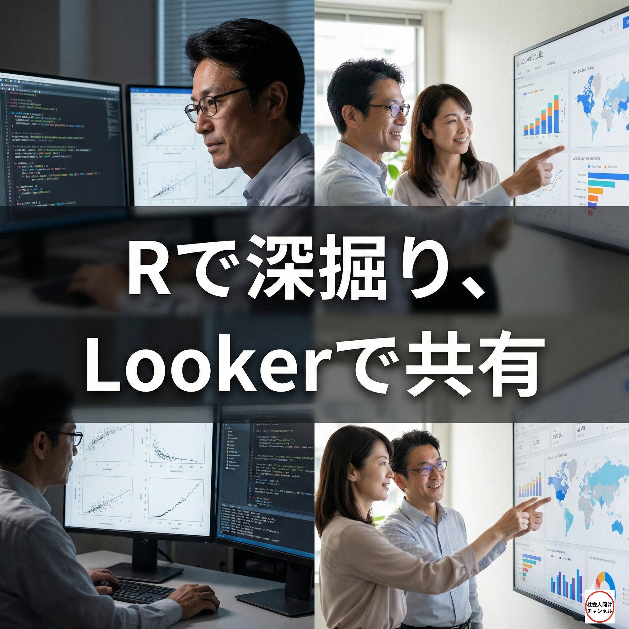 アイキャッチ画像。「Rで深掘り、Lookerで共有」という白い大きな文字が中央に配置されている。背景は左右で対比されており、左側は男性がR言語の複雑なコードとグラフ画面に向かい集中して分析している様子。右側は同じ男性が女性と一緒に、Looker Studioの分かりやすいダッシュボードを見ながら笑顔で会話・共有している様子が描かれている。