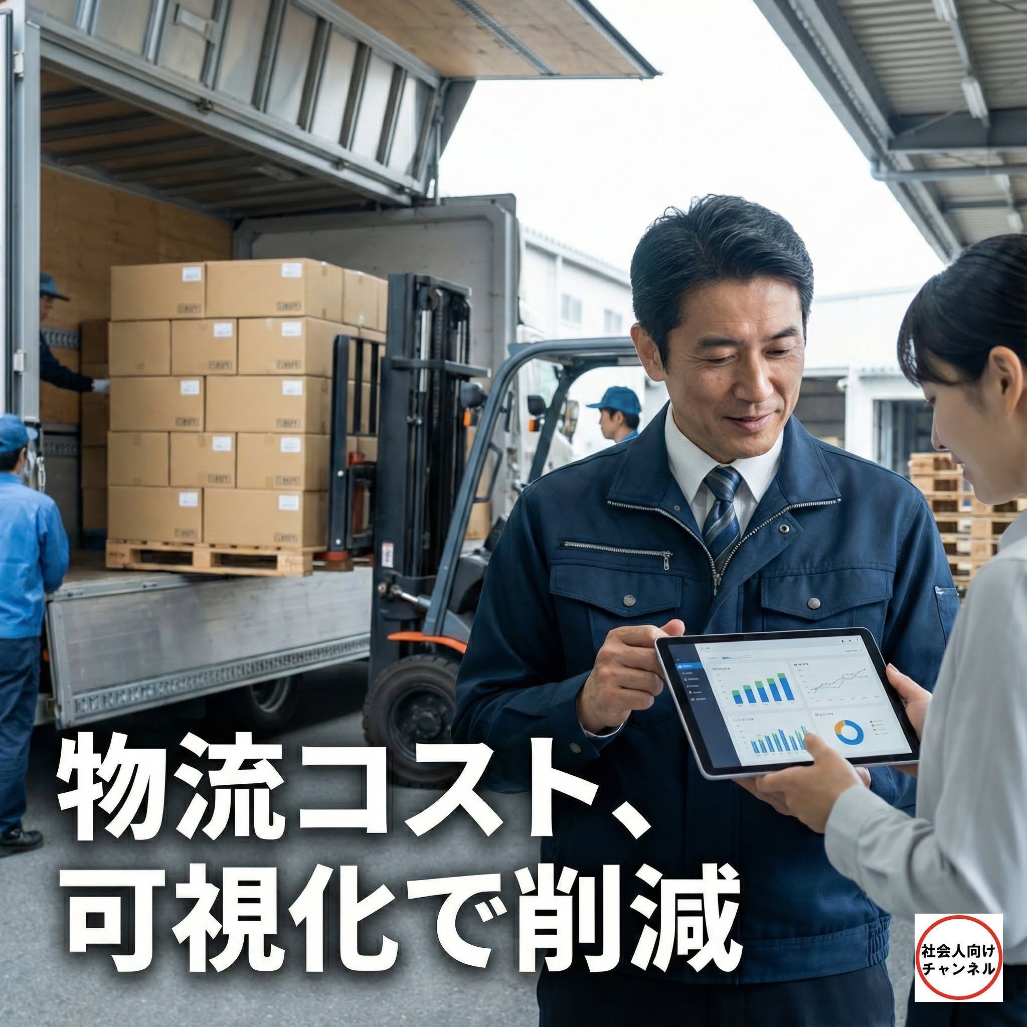 タブレットで輸送効率のデータを可視化し、コスト削減を検討する物流現場の男女マネージャー。背景はフォークリフトによるトラックへの積み込み作業。『物流コスト、可視化で削減』のテキスト。
