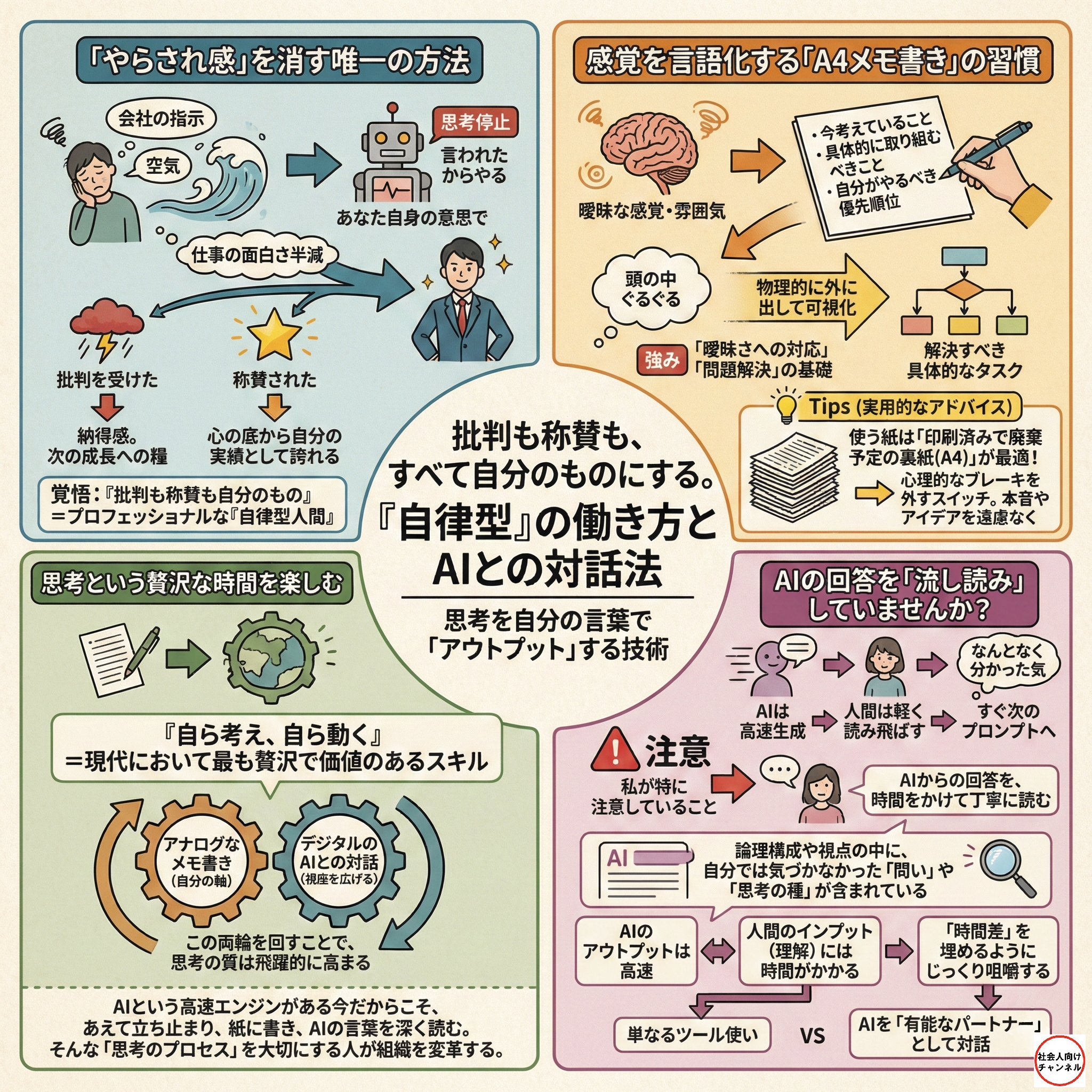 中央に「批判も称賛も、すべて自分のものにする。『自律型』の働き方とAIとの対話法」というタイトルが配置された、正方形のグラフィックレコーディング（図解）。全体は4つのエリアに区分されている。 左上エリア：「やらされ感」を消す唯一の方法 会社や空気感に流されず「あなた自身の意思」で決定する重要性を図示。 「思考停止」状態から脱却し、批判を「次の成長への糧」に、称賛を「自分の実績」に変えるプロセスが描かれている。 右上エリア：感覚を言語化する「A4メモ書き」の習慣 頭の中の曖昧なモヤモヤを、ペンと紙を使って物理的に外に出し可視化する流れ。 Tipsとして「廃棄予定の裏紙（A4）」を使うことで心理的ブレーキを外し、本音やアイデアが出やすくなる効果を説明している。 右下エリア：AIの回答を「流し読み」していませんか？ AIの高速生成に対し、人間が軽く読み飛ばしてしまうことへの警鐘。 時間をかけて丁寧に読むことで「思考の種」を見つけ、単なるツールではなく「有能なパートナー」として対話する方法を比較図で表現。 左下エリア：思考という贅沢な時間を楽しむ 「アナログなメモ書き（自分の軸）」と「デジタルのAIとの対話（視座を広げる）」の両輪を回す歯車のイラスト。 「自ら考え、自ら動く」ことこそが現代の贅沢であり、組織を変革する力になるという結論。