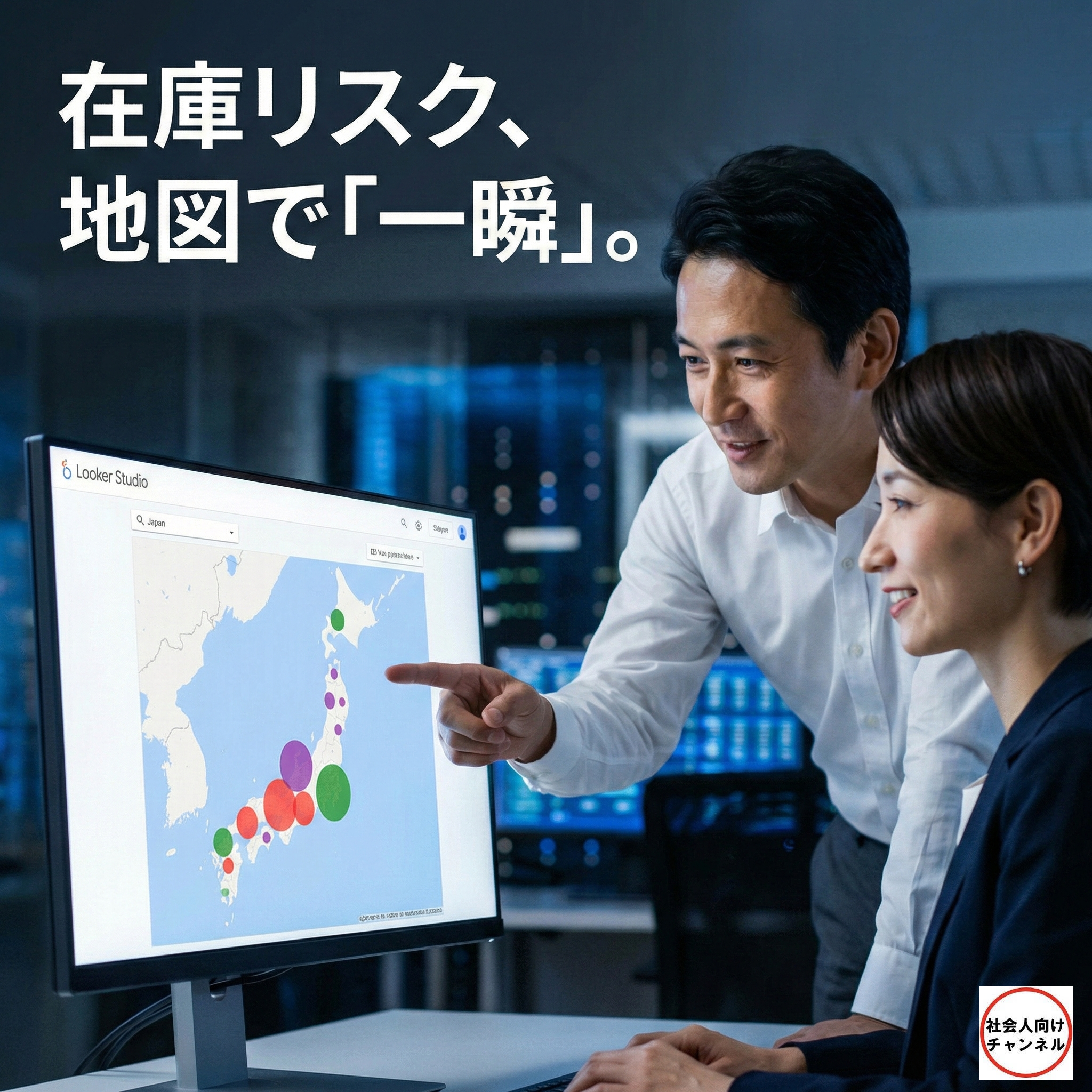 Looker Studioの地図ダッシュボードを指差し、在庫状況を確認する日本人ビジネスパーソン（男女）。画像内に「在庫リスク、地図で『一瞬』。」というキャッチコピーを配置。