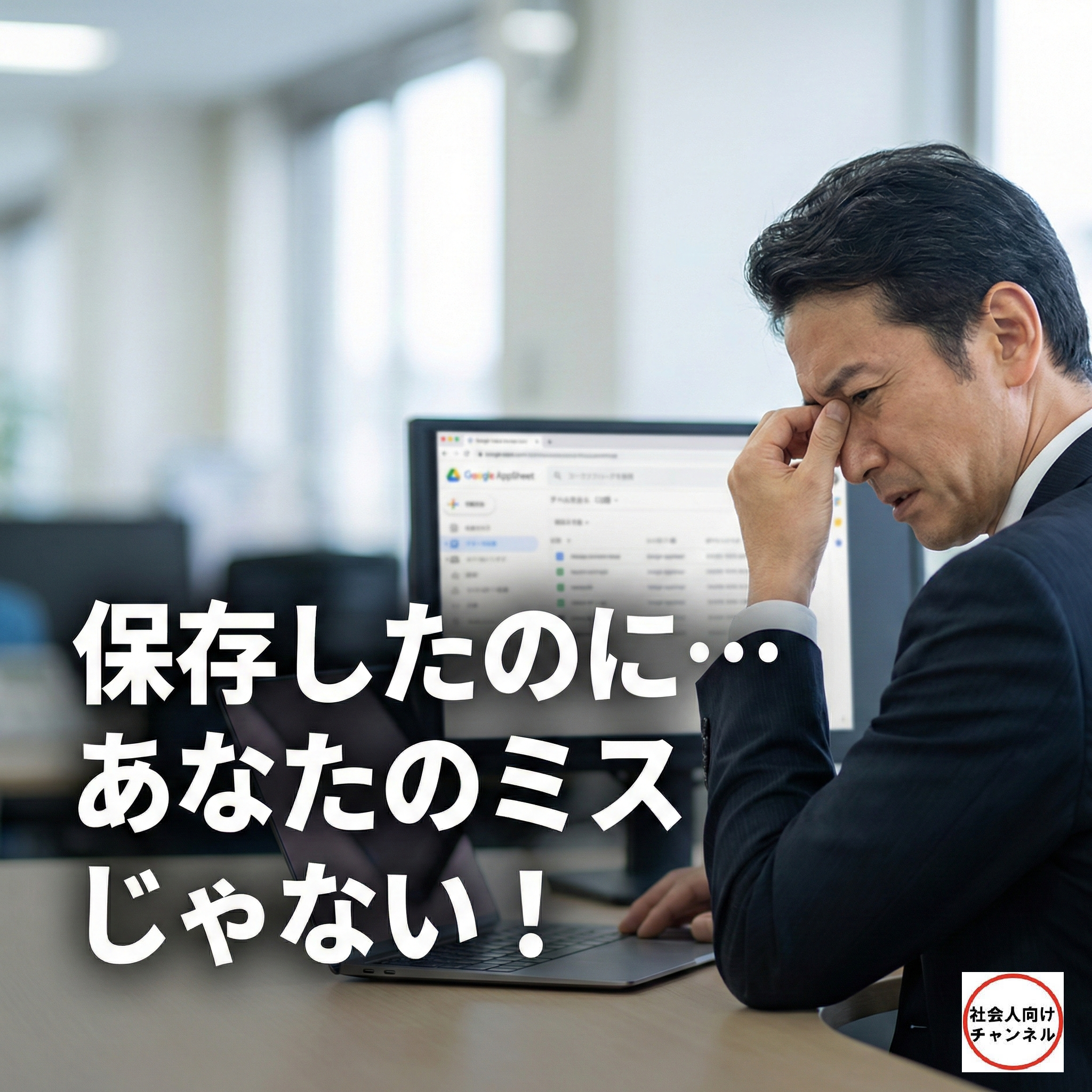 パソコン画面を見て頭を抱える50代日本人ビジネスマンのアイキャッチ画像。画像内のテキスト：「保存したのに…あなたのミスじゃない！」。AppSheetやLooker Studioで変更が反映されないトラブルの原因と解決策。