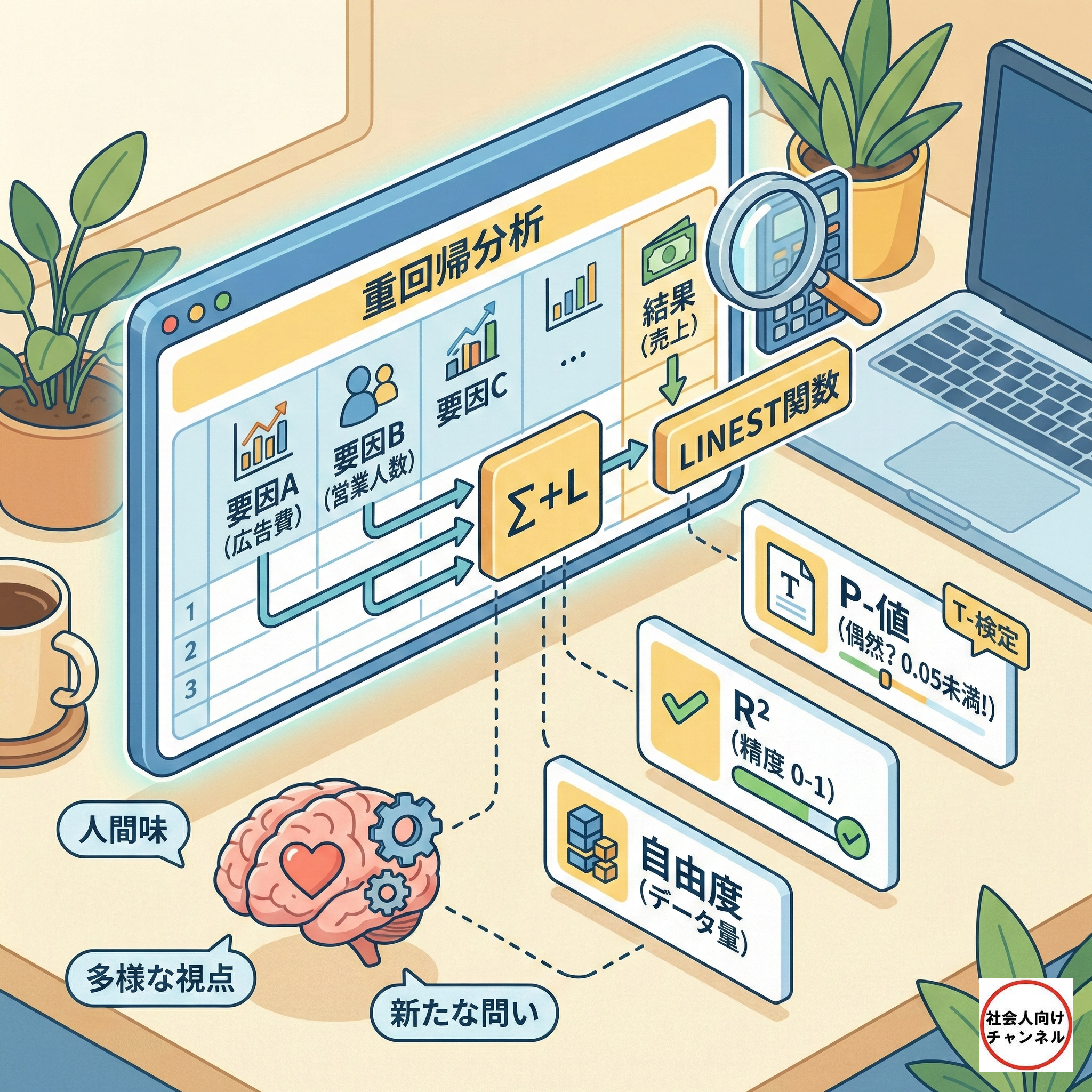 パソコンの画面上にスプレッドシートを用いた重回帰分析の仕組みが描かれた、明るい色調のアイソメトリック（等角投影）イラスト。広告費などの複数の「要因」がLINEST関数に入力され、「結果（売上）」が導き出されるフローが示されている。画面の横には「P-値」「決定係数」「自由度」という3つの重要指標がポップアップで解説されている。手前には、心と歯車を持った脳のイラストが描かれ、「人間味」「多様な視点」「新たな問い」という吹き出しが添えられており、データ分析における人間の役割の重要性を表現している。