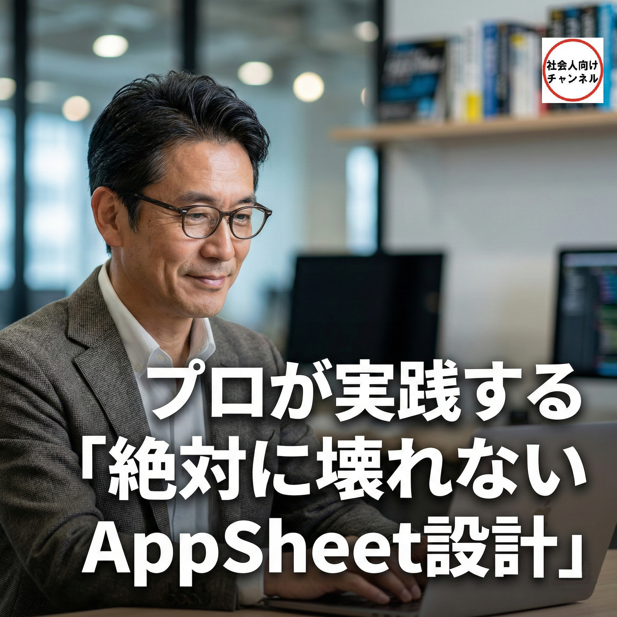 「プロが実践する『絶対に壊れないAppSheet設計』」というテキストが大きく配置された、ノートパソコンで作業をする笑顔の中高年ビジネスマンの画像。AppSheetのエラー対策と設計思想の解説記事用アイキャッチ