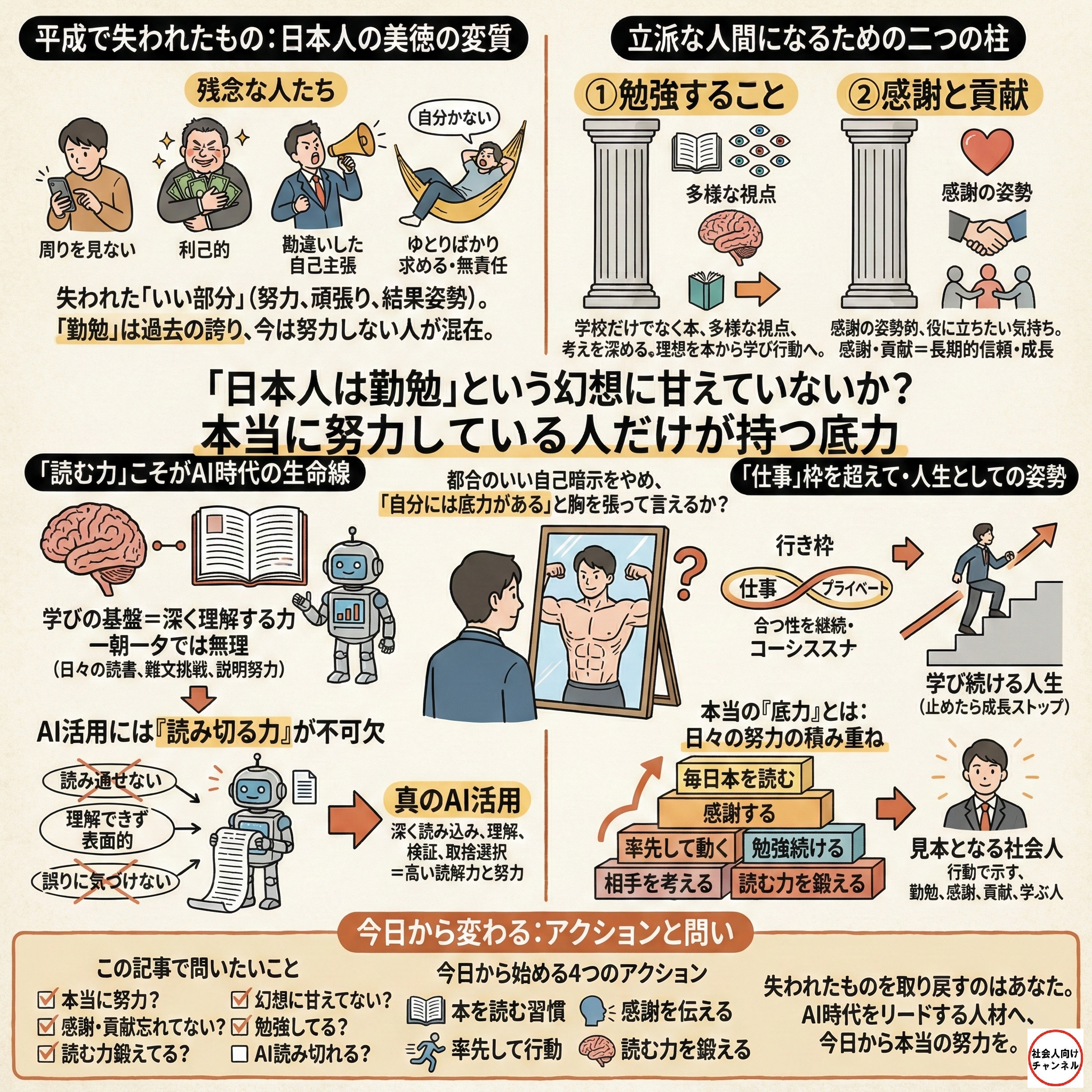 「日本人は勤勉」という幻想に甘えず、真に努力している人だけが持つ「底力」について詳細に解説した正方形のグラフィックレコーディング。中央には「都合のいい自己暗示をやめ、『自分には底力がある』と胸を張って言えるか？」という問いかけとともに、鏡に映る鍛え上げられた自身の姿を見つめる男性のイラストがある。 左上「平成で失われたもの：日本人の美徳の変質」では、スマホばかり見る人、利己的な人、勘違いした自己主張をする人、ゆとりばかり求める人のイラストともに、失われた「いい部分」について説明。 右上「立派な人間になるための二つの柱」では、多様な視点を持つための「①勉強すること」と、感謝の姿勢を持つ「②感謝と貢献」を二本の柱として図示。 左下「『読む力』こそがAI時代の生命線」では、脳と本のイラストで学びの基盤を説明し、AIロボットのイラストを用いて、AI活用には表面的な理解ではなく深く理解する「読み切る力」が不可欠であることを強調。 右下「『仕事』枠を超えて・人生としての姿勢」では、仕事とプライベートの一貫性、学び続ける人生の重要性、そして日々の地道な努力の積み重ねが「底力」となると階段状の図で説明。見本となる社会人の姿も描かれている。 最下部「今日から変わる：アクションと問い」では、記事の問いかけリスト（本当に努力？感謝・貢献？勉強？読む力？AI読み切れる？）と、今日から始める4つのアクション（本を読む習慣、感謝を伝える、率先して行動、読む力を鍛える）が具体的なアイコンとともにまとめられている。全体的に手書き風の文字とイラストで構成され、情報が詳細に詰め込まれている。