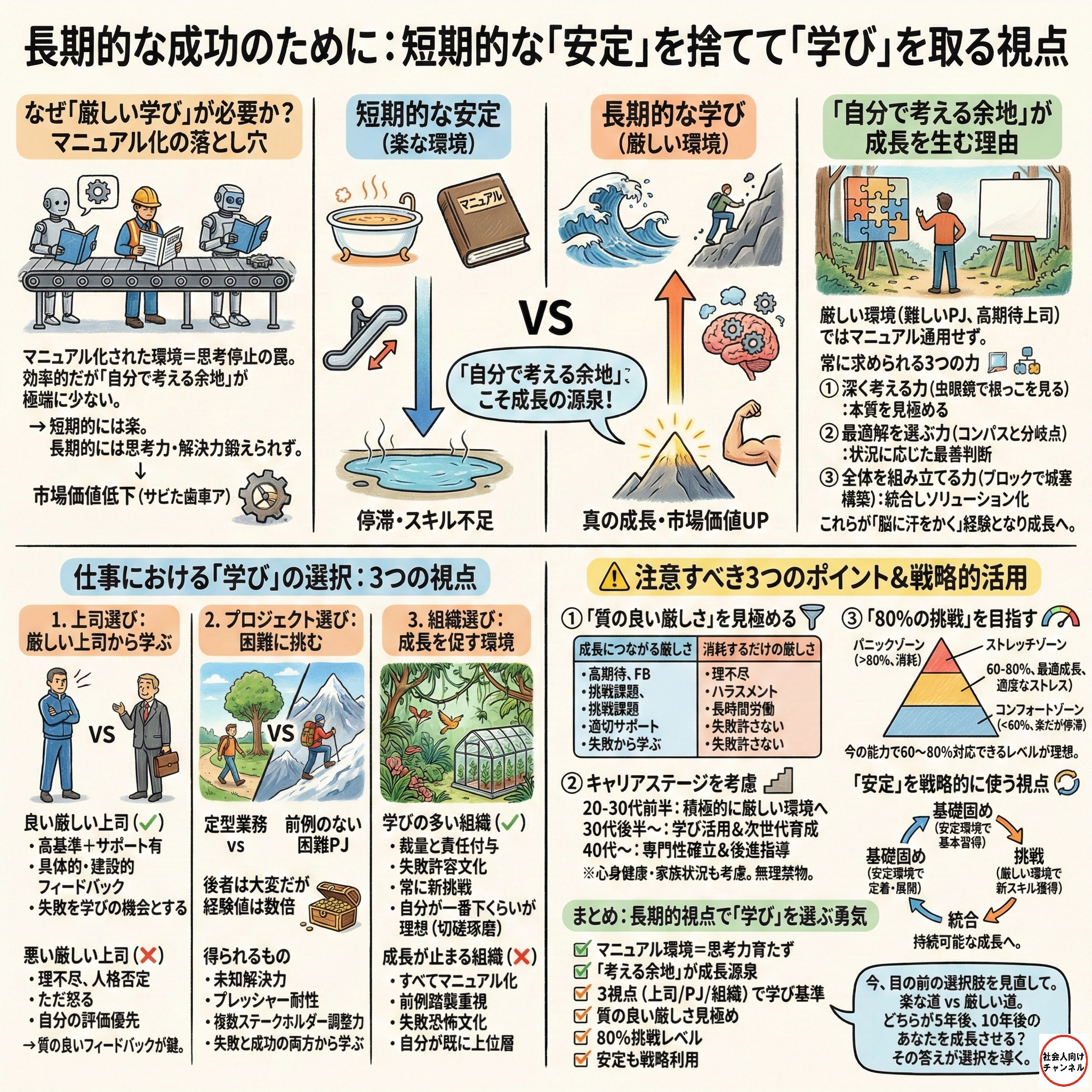 長期的なキャリア成功のために「安定」よりも「学び」を優先すべき理由を解説した、詳細な正方形のグラフィックレコーディング（図解）。 上段では、マニュアル化された「楽な環境（温泉やエスカレーターのイラスト）」と、思考力が鍛えられる「厳しい環境（登山や荒波のイラスト）」を対比させ、「自分で考える余地」こそが成長の源泉であると説明している。 中段では、学びを得るための3つの選択基準として「1. 厳しい上司から学ぶ（FBの有無）」「2. 困難なプロジェクトに挑む」「3. 成長を促す組織を選ぶ」をイラスト付きで提示。 下段では、注意点として「質の良い厳しさの見極め」「キャリアステージの考慮」「80%の挑戦（ストレッチゾーン）を目指すこと」を解説し、最後に「安定」を戦略的に使うサイクルについても触れている。全体を通して、5年後・10年後の成長を見据えた選択を促す内容となっている。