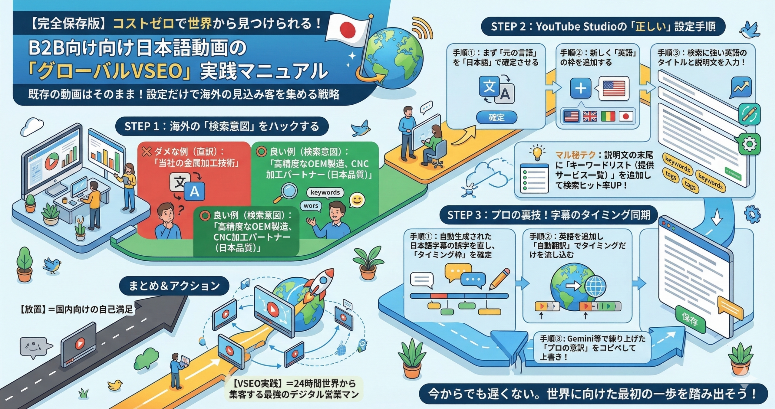 青と緑を基調とした明るいアイソメトリック図法で描かれた「グローバルVSEO実践マニュアル」のインフォグラフィック。既存の日本語動画を活用し、海外の見込み客を集めるための3つのステップ（1. 直訳を避けた検索意図のハック、2. YouTube Studioでの正しい多言語設定手順、3. 自動翻訳を利用したプロ水準の字幕タイミング同期）が、パソコンを操作する人物や地球儀、設定画面のイラストと共に視覚的に解説されている。下部には、設定を放置した「国内向けの自己満足」から、設定を実践して「世界から集客する最強のデジタル営業マン」へと変化する様子が、飛び立つロケットのイラストで表現されている。
