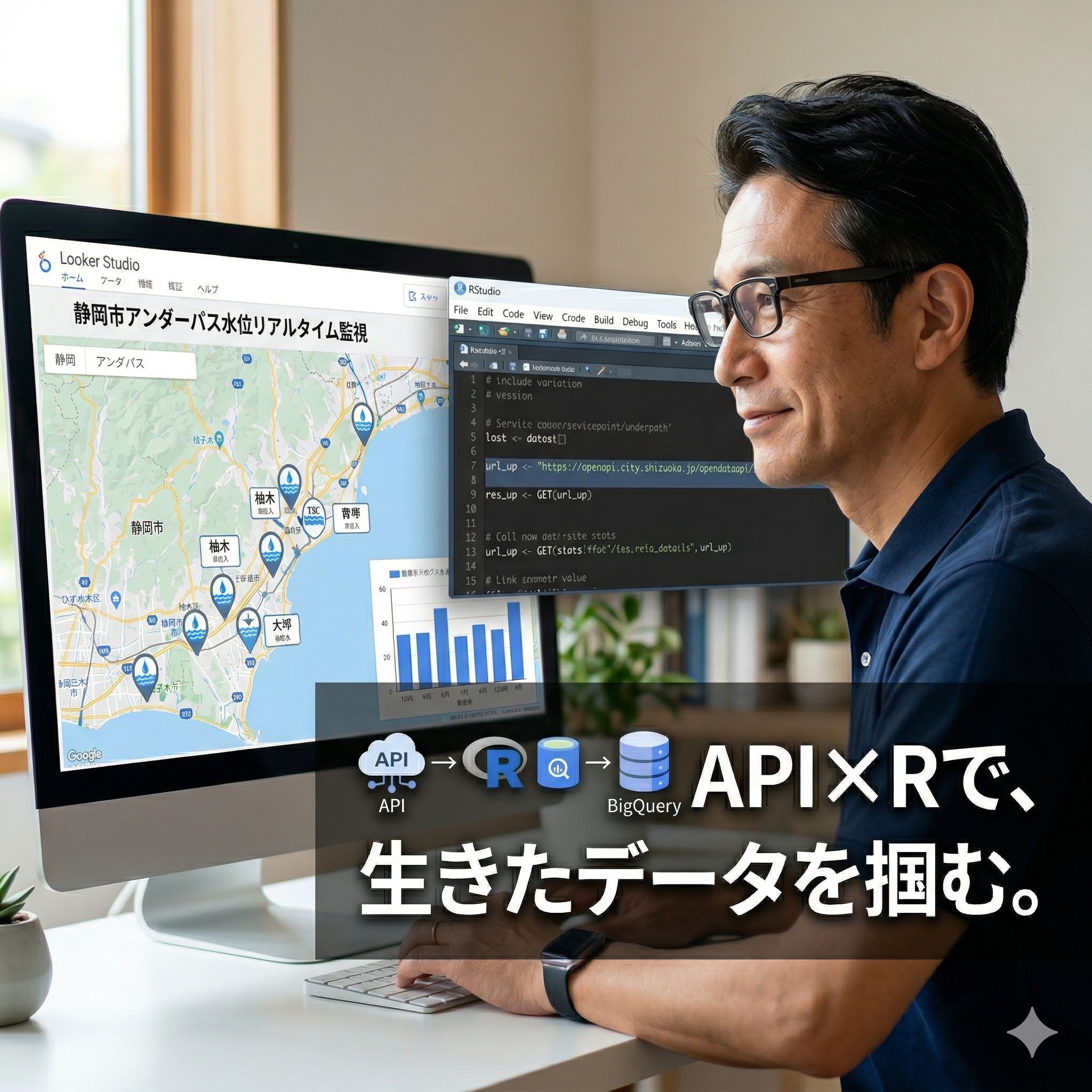知的な眼鏡をかけた日本人男性が、Looker Studioの防災地図（静岡市アンダーパス水位）とRStudioのコード画面が並んで表示されたPCモニターを注視している。モニターにはAPI、R、BigQuery、Looker Studioを繋ぐデータフロー概念図が配置されており、右下には「API×Rで、生きたデータを掴む。」という白いゴシック体のキャッチコピーがある。