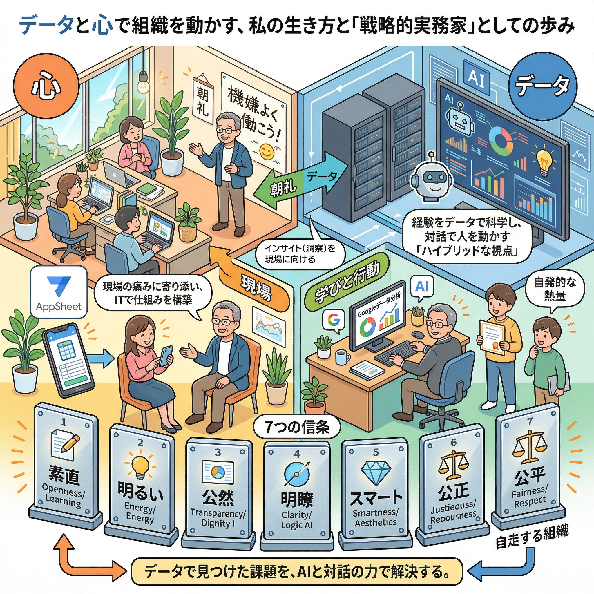 『データと心で組織を動かす、「戦略的実務家」としての歩み』と題された、明るいアイソメトリックイラスト。左側は『心』を象徴し、オフィスでの朝礼（『機嫌よく働こう！』）、AppSheetを用いた現場の課題解決、チームとの対話が描かれている。右側は『データ』を象徴し、AI、データ分析ダッシュボード、サーバー、ハイブリッドな視点が示されている。中央には『学びと行動』のセクションがあり、下部には『7つの信条』が並ぶ。一番下には『データで見つけた課題を、AIと対話の力で解決する。』というメッセージと、『自律する組織』への矢印がある。