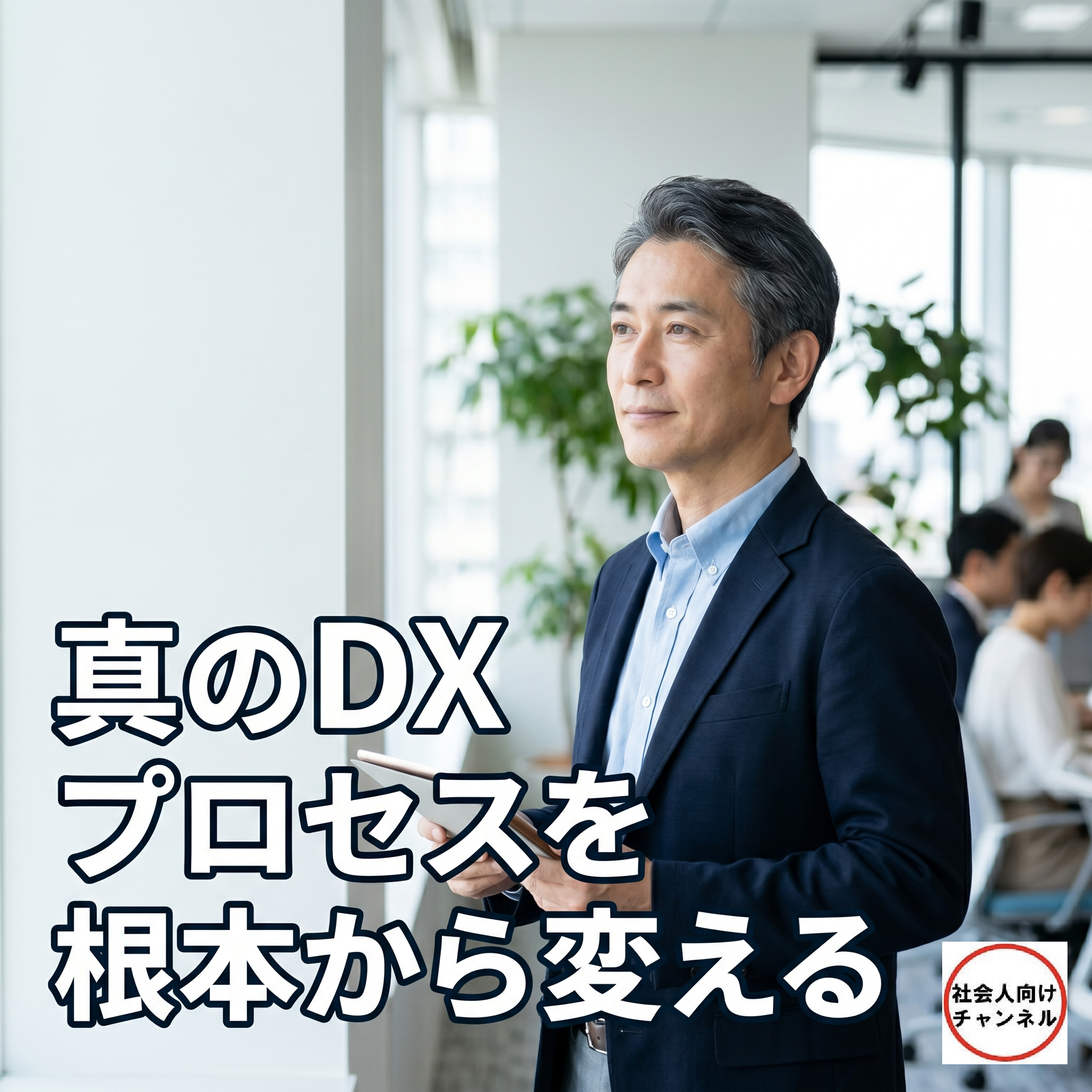 タブレットを手に、明るいオフィスで思考する日本人中高年男性のアイキャッチ画像。画像には、「真のDX プロセスを根本から変える」という日本語テキストが配置されています。