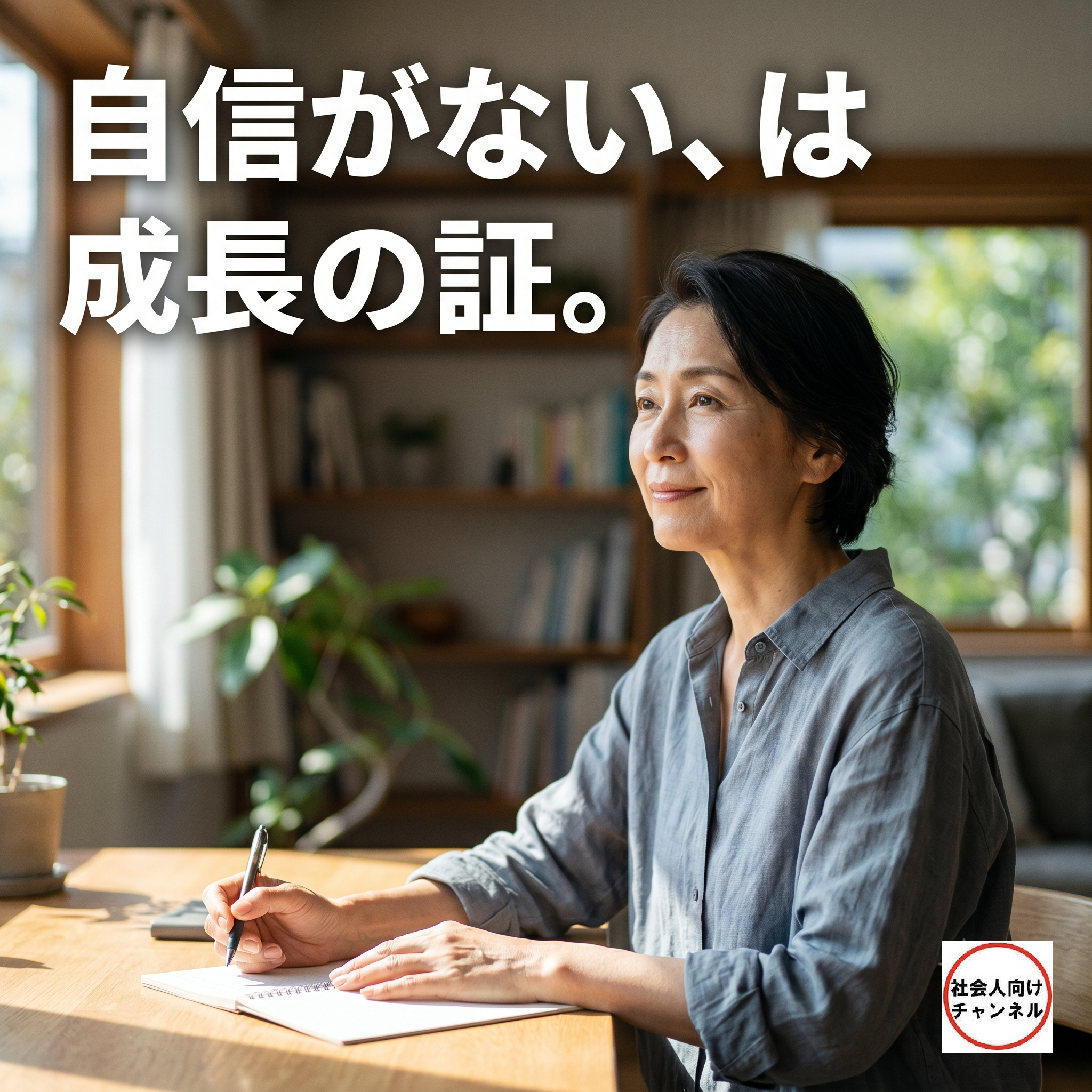 「自信がない、は成長の証。」という白い大きな太文字の日本語が左上に配置された正方形の画像。自然光が差し込む落ち着いた木のデスクで、ペンとノートを前にして何かを深く考え、前を見つめる50代〜60代の日本人女性。背景には本棚と観葉植物が柔らかくボケている。