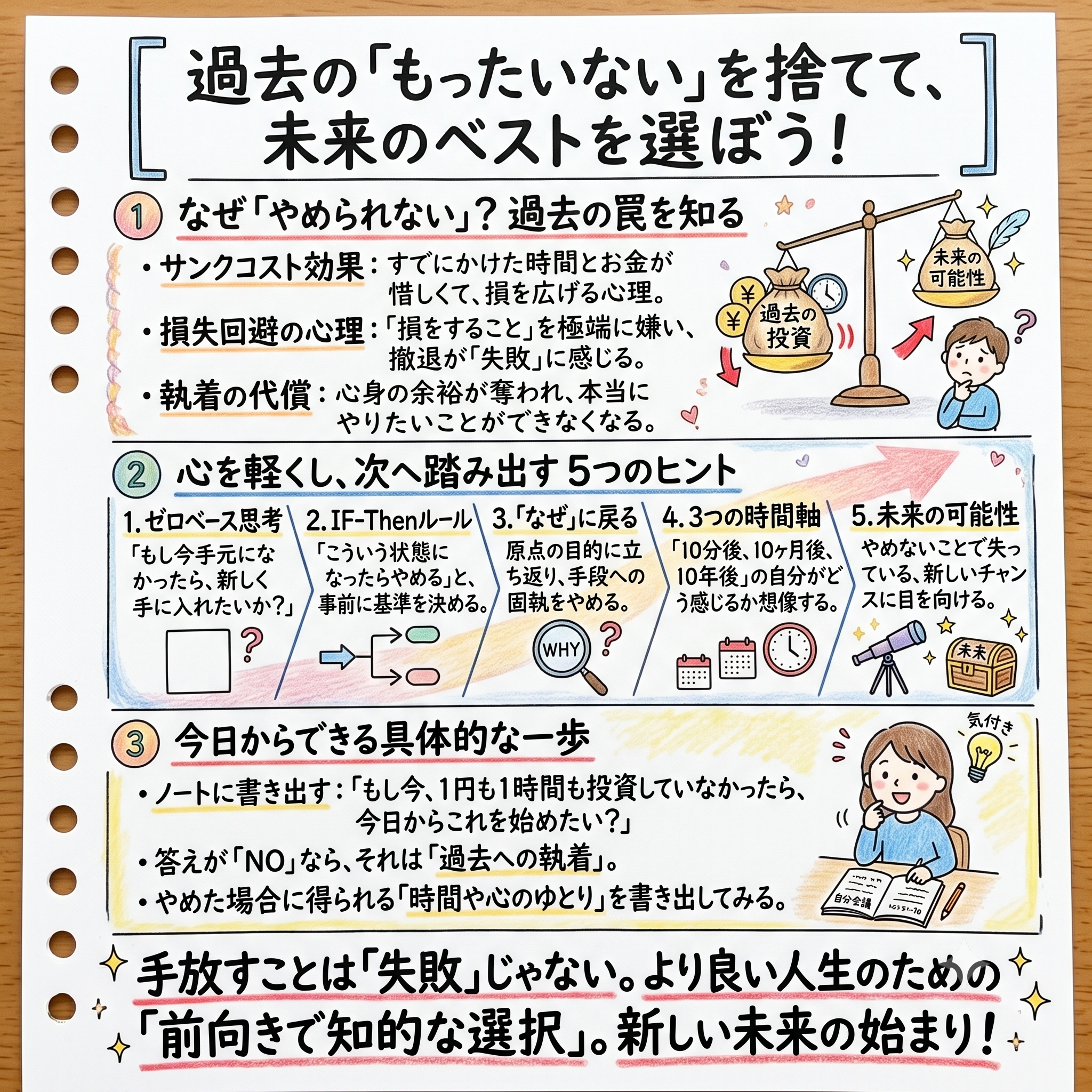 過去の「もったいない」を捨てて未来のベストを選ぶための5つのヒント（ゼロベース思考、IF-Thenルールなど）や、サンクコスト効果の仕組みを解説した、手書きノート風のインフォグラフィック