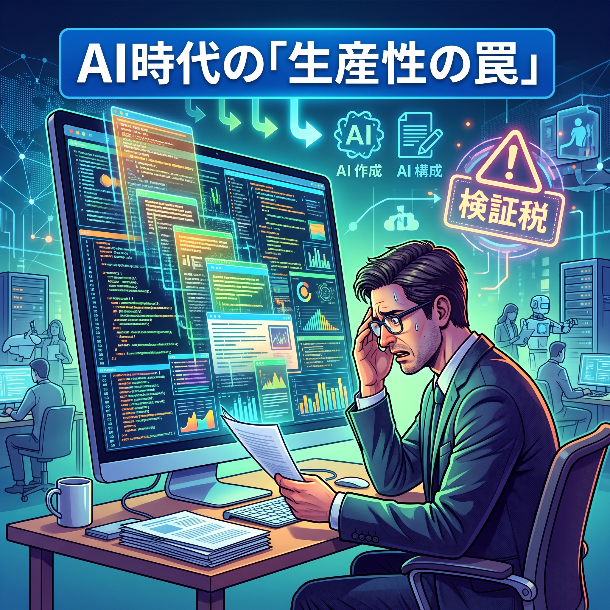 パソコン画面に表示された大量のAI生成データやコードを前に、頭を抱えて検証作業に追われるビジネスパーソンのイラスト。「AI時代の生産性の罠」と「検証税」の文字入り。