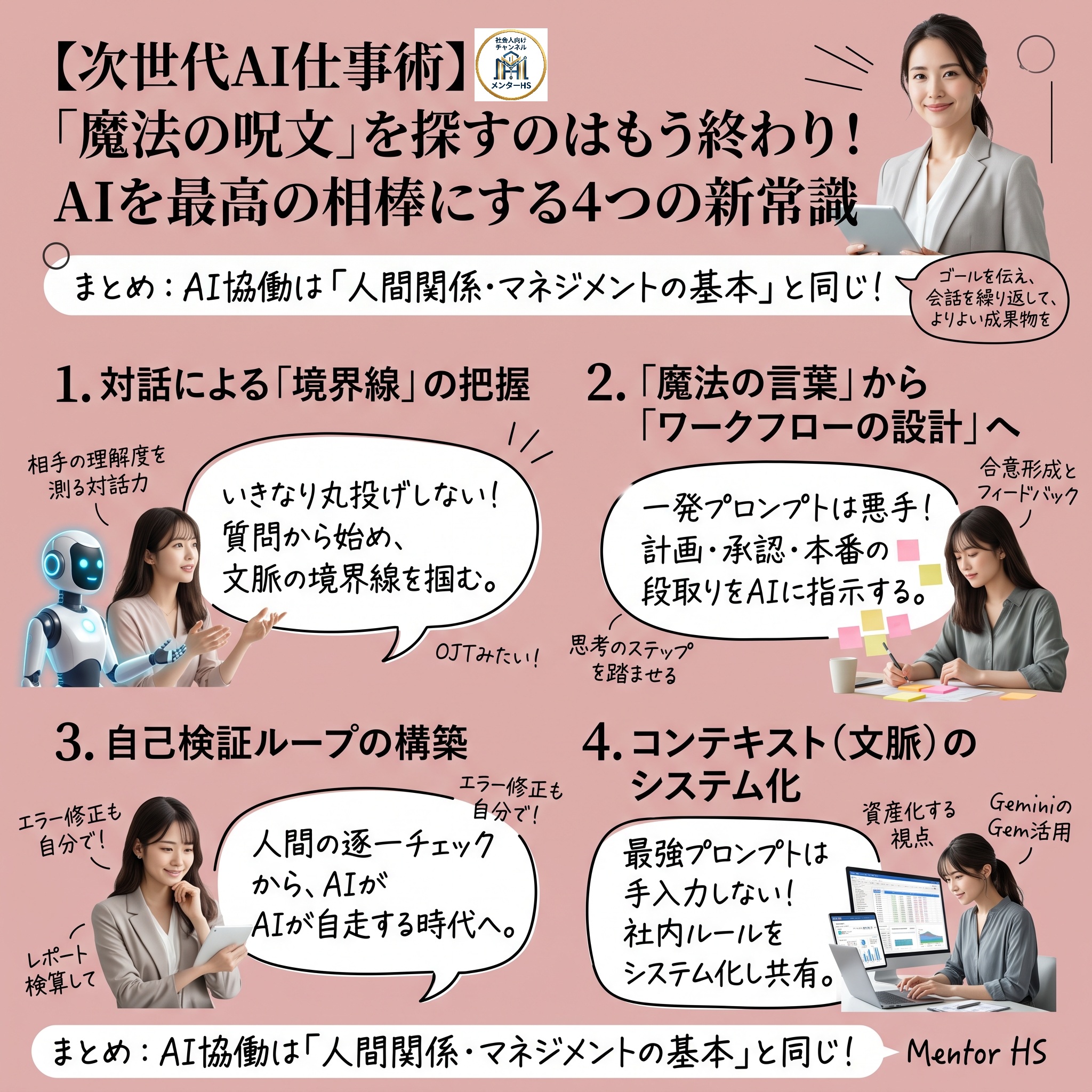 メンターHSによる「次世代AI仕事術：AIを相棒にする4つの新常識」の図解アイキャッチ画像。大人可愛い雑誌風デザインで、対話やワークフロー設計など実践的なAI協働のポイントを解説。