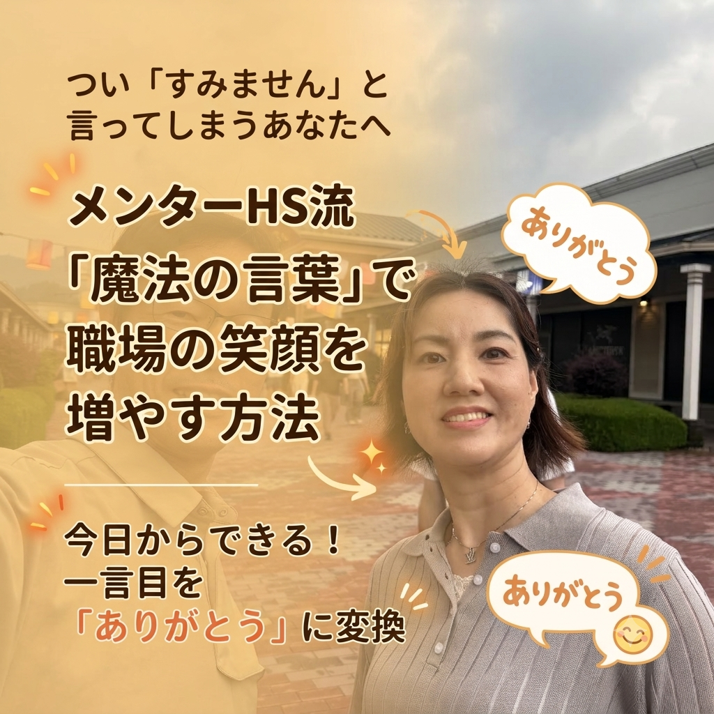 職場のコミュニケーション改善をテーマにしたブログ記事のアイキャッチ画像。メンターHSとミスズの笑顔とともに、「魔法の言葉で職場の笑顔を増やす方法」「一言目を『ありがとう』に変換」という前向きなテキストが配置されています。