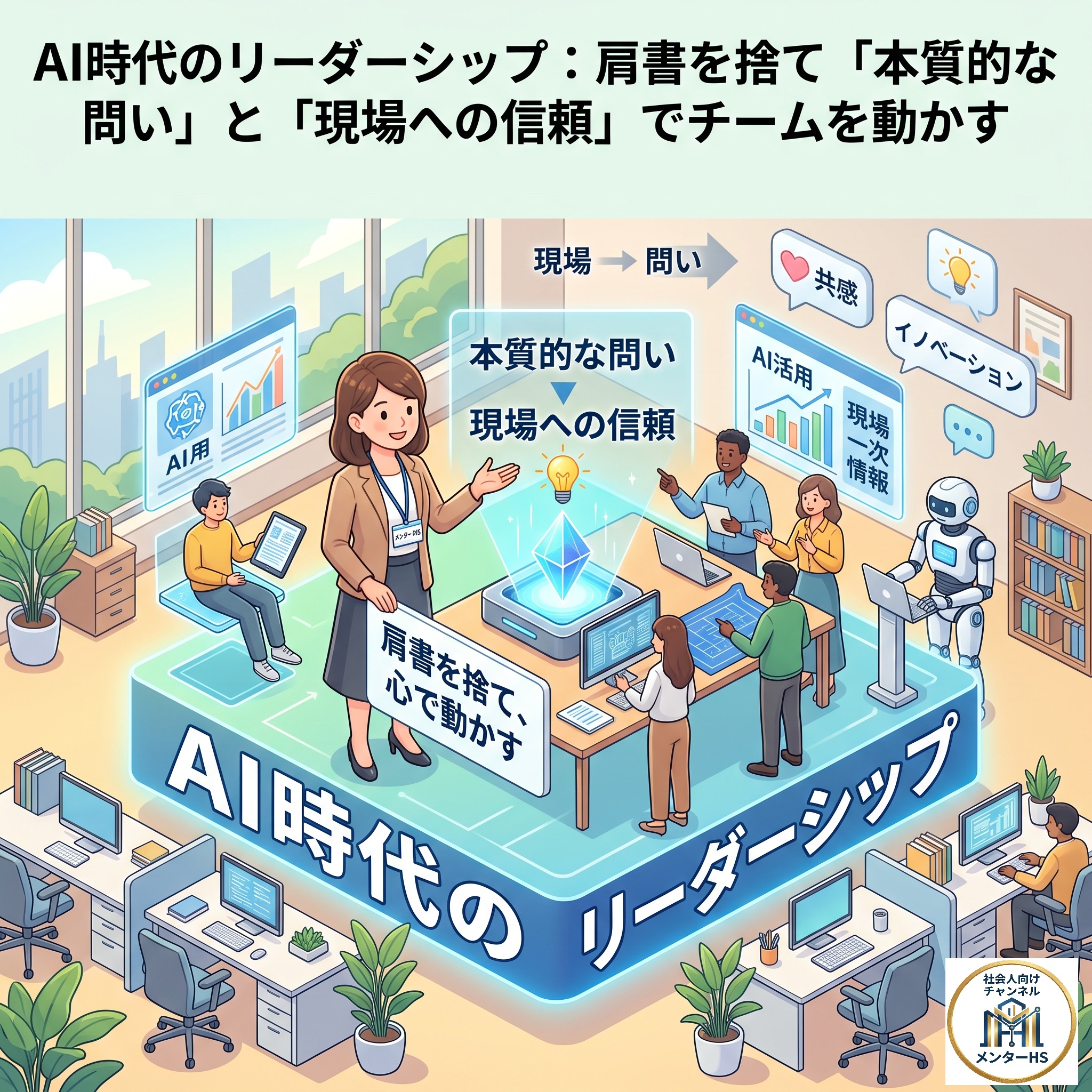明るく開放的なオフィスで、リーダーとメンバーがAIツールやアイデアのホログラムを囲んで笑顔で対話しているアイソメトリックイラスト