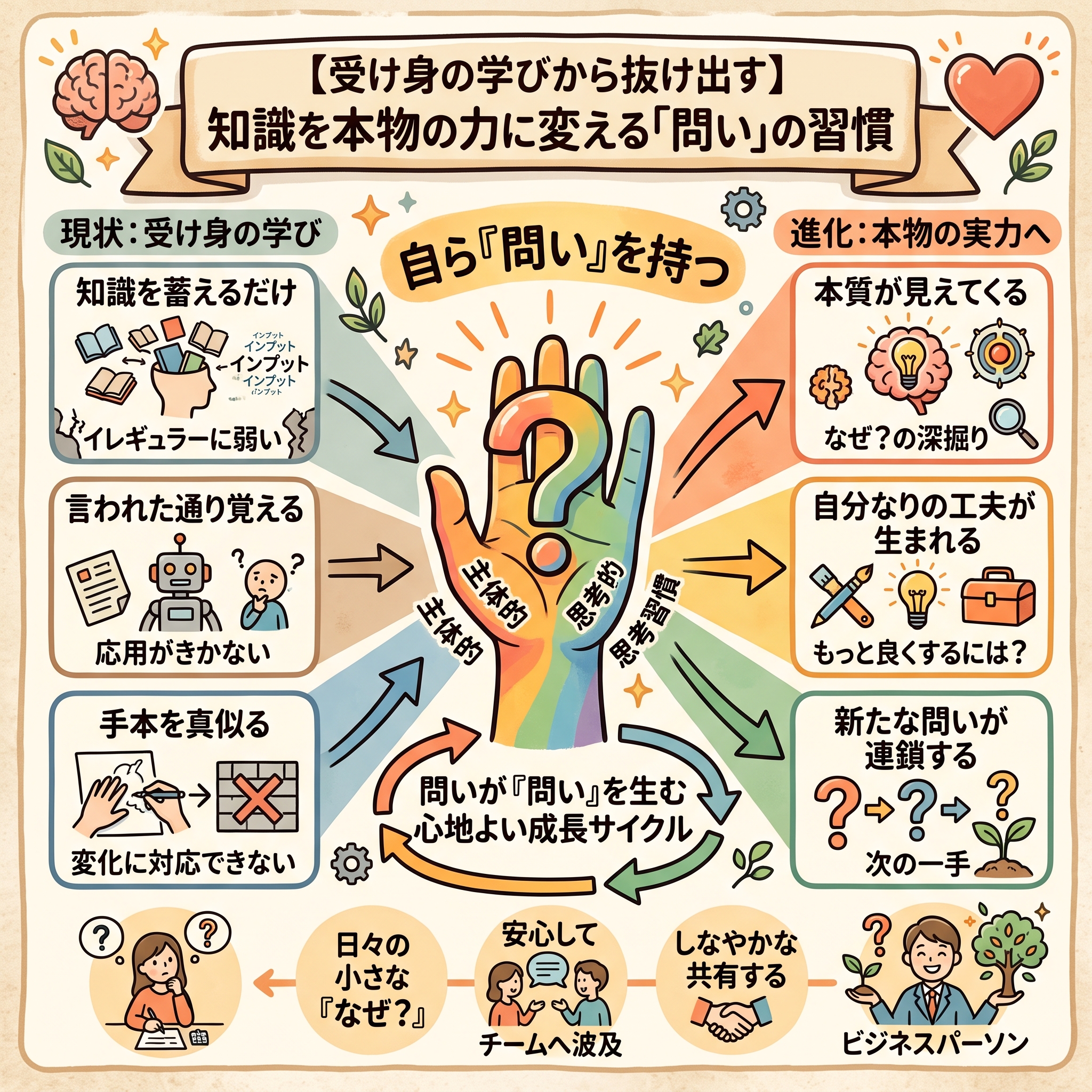 【受け身の学びから抜け出す】知識を本物の力に変える「問い」の習慣をまとめたグラフィックレコーディング風の図解。受け身のインプットから、自ら問いを持つことで本質理解や工夫が生まれ、心地よい成長サイクルへと進化するプロセスを表現したアイキャッチ画像。