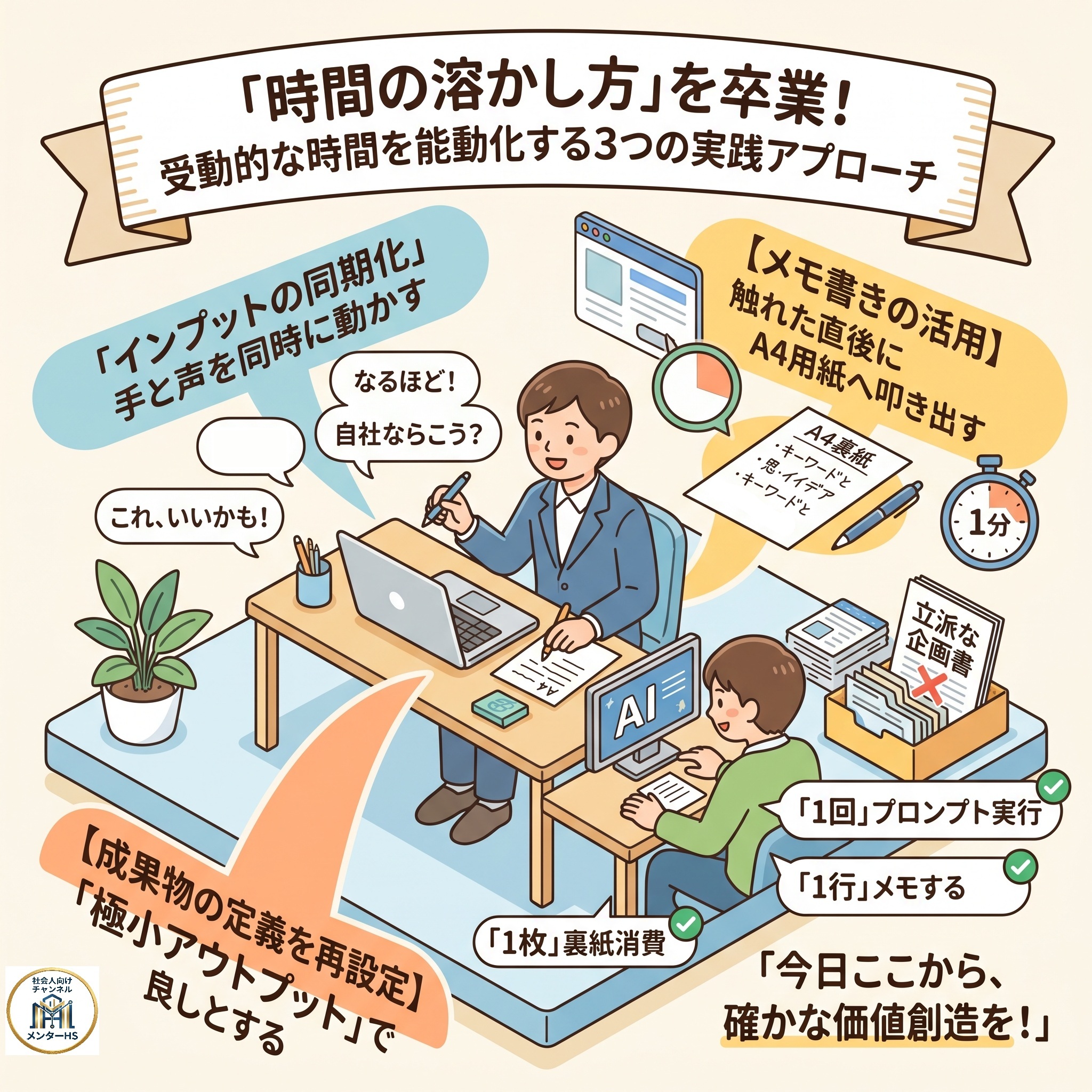 時間の溶かし方」を卒業するための3つの実践アプローチを図解したアイソメトリックイラスト。「インプットの同期化（手と声を同時に動かす）」「メモ書きの活用（触れた直後にA4用紙へ叩き出す）」「成果物の定義を再設定（極小アウトプットで良しとする）」を、机でPCに向かいながら裏紙にメモを取る明るいデスク風景とともに紹介しています。