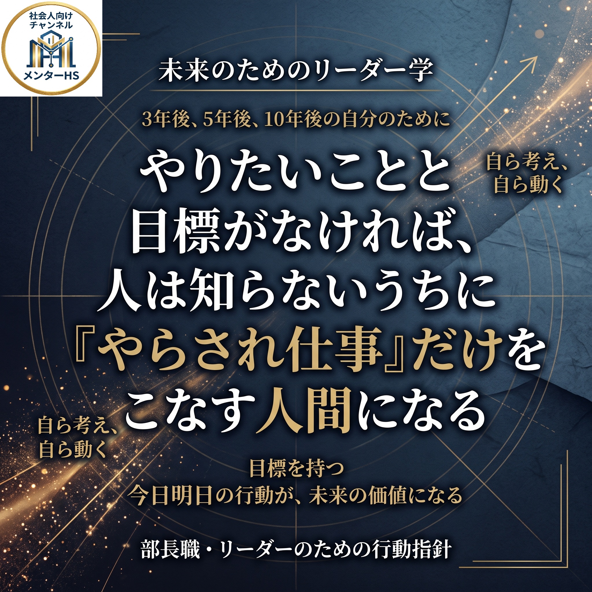 濃紺の背景に金色の光が差し込むデザイン。中央に大きく「やりたいことと目標がなければ、人は知らないうちに『やらされ仕事』だけをこなす人間になる」というメッセージが書かれています。周囲には「メンターHS ブログ」「未来のためのリーダー学」「3年後、5年後、10年後の自分のために」「自ら考え、自ら動く」「目標を持つ」「今日明日の行動が、未来の価値になる」「部長職・リーダーのための行動指針」という、リーダーに向けた重要なキーワードが配置されています。